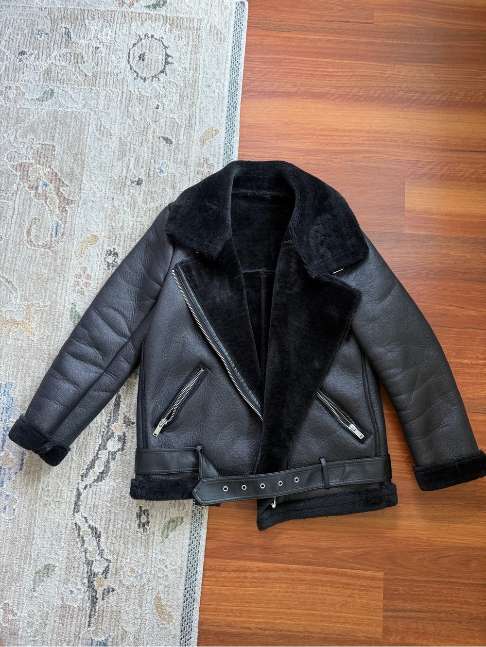 Black Shearling-Lined Biker Jacket